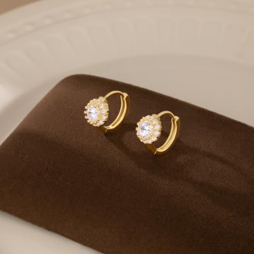 Reffeer Solid 925 Sterling Silver Halo Hoop Earrings for Women Teens Simulated Diamond Huggie Earrings Sparkly Cubic Zirconia Earrings Hoop - color: B-18K Gold Plated