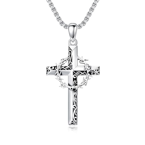 Cross Necklace for Men Women 925 Sterling Silver Cross Pendant Necklace Christian Religious Jewelry Gifts for Anniversary - color: 5-Crown of Thorns Cross-1