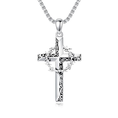 Cross Necklace for Men Women 925 Sterling Silver Cross Pendant Necklace Christian Religious Jewelry Gifts for Anniversary - color: 5-Crown of Thorns Cross-1