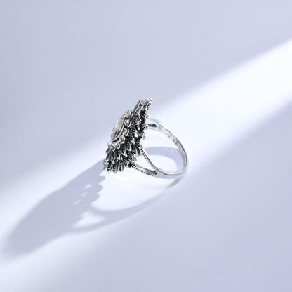 Boho Retro Rhinestone Ring Ethnic Big Flower Crystal Finger Ring Trendy Statement Tribal Indian Dance Costume Ring Jewelry for Women - color: Silver