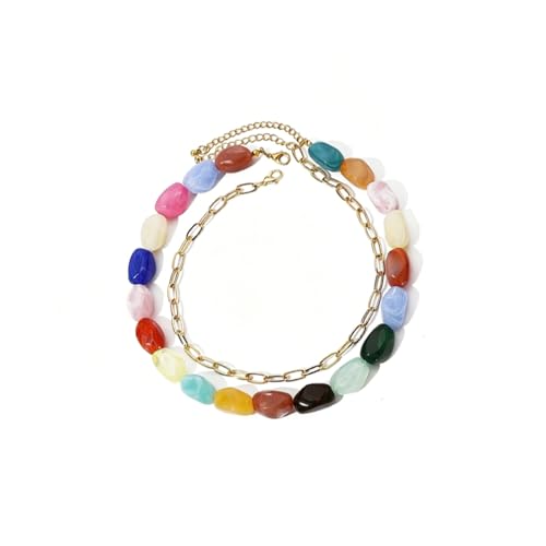 Summer Dopamine Colorful Beaded Necklace for Women, Boho Multicolor Irregular Large Resin Beads Necklace Chunky Layered Gold Chain Statement Choker Y2K Jewelry