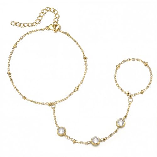 Emibele Gold Bracelets for Women, 18K Gold Plated Hand Chain, Cubic Zirconia Stainless Steel Non Tarnish Hand Chain Bracelet with Finger Ring, Adjustable Trendy Jewelry Valentines Day Gifts for Women - style: Gold Z