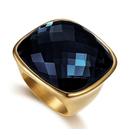 Chunky Square Crystal Glass Stainless Steel Statement Ring for Women Men Gold-Tone Plated Exaggerated Large Geometric Green Cubic Zirconia Finger Band Knuckle Rings Cocktail Prom Fashion Jewelry - color: Blue