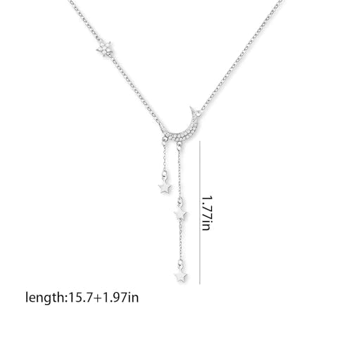 Silver Crescent Moon & Star Lariat Necklace for Women,Cubic Zirconia Draping Stars Charms Y-Necklace,Dainty Celestial Jewelry,Moon Star Necklaces for Birthday,Anniversary & Everyday Wear