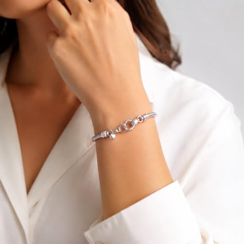 Stainless Steel Heart Charm Snake Chain Bracelet - Adjustable Silver Bangle for Women, Hypoallergenic Waterproof Jewelry Gift for Birthday, Anniversary, Valentine's Day - color: Silver White-B