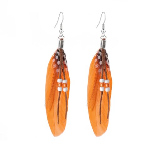 Feather Earrings for Women Vintage Bohemian Earrings Long Drop Dangle Earrings Feather Tassel Mesh Pendant Earrings Boho Fashion Personalized Flowing Lightweight Earrings Statement Unique Feather Earrings Handmade Jewelry - color: Orange