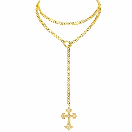 Double Layered Slip Chain Necklace with Vintage Rhinestones Cross Pendant, Adjustable Punk Gothic Baroque Lariat Cuban Y-Necklaces - color: Gold Chains & Sliver Stones