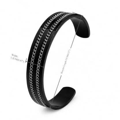 Stainless Steel Cuff Bracelet with Inlaid Chain,Sleek Open Bangle - color: Black Cuff with Double Silver Chain