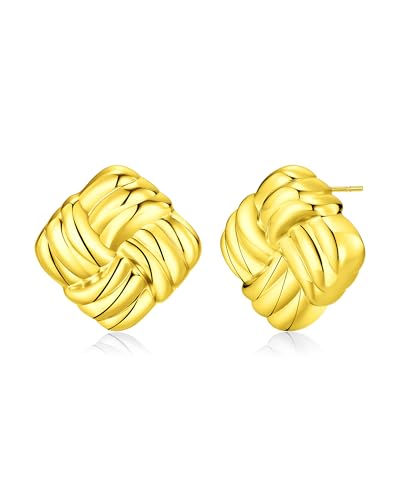 SNGIA 18K Gold Plated Chunky Statement Stud Earrings for Women by SNGIA, Geometric Square Triangle Irregular Knot Dome Earrings, Ribbed Ribbon Textured Gold Silver Fashion Jewelry Gift - style: 18K Gold Plated, Square