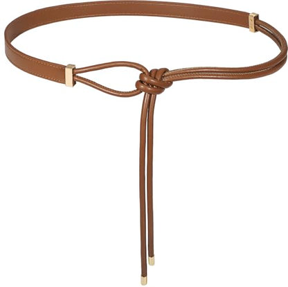 Women's Knotted Thin Waist Belt PU Leather Skinny Belts for Dresses Pants - color: Brown