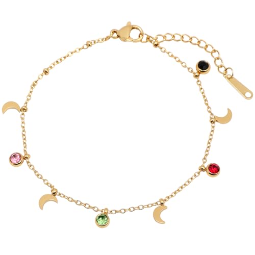 18K Gold Plated Stainless Steel Dainty Charms Colorful Crystal Birthstone Bracelet Minimalist Cute Jewelry for Women - color: 4x6mm Moon