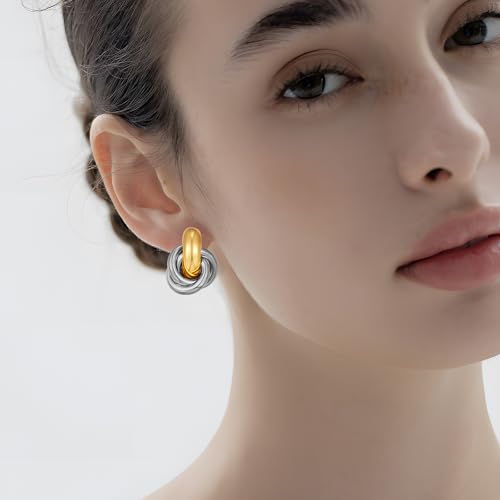 Gold Geometric Clip On Earrings for Women Chunky Gold Knot Link Clip Earrings Trendy Jewelry - color: Two Tone-B