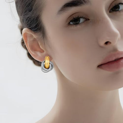 Gold Geometric Clip On Earrings for Women Chunky Gold Knot Link Clip Earrings Trendy Jewelry - color: Two Tone-B