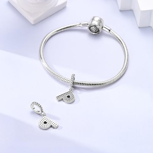 Hapour Letter 925 Sterling Silver Charm with Cubic Zirconia Alphabet A-Z Initial Dangle Charms Beads Pendent DIY Jewelry for Bracelets Necklace - color: P