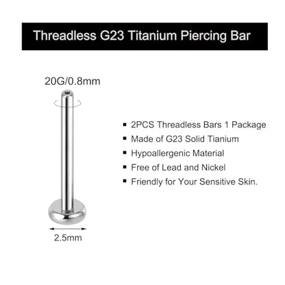 Threadless Bar G23 Titanium 20G 16G 18G Replacement Post Bar Flat Back Stud Earrings for Helix Cartilage Lobe Medusa Labret Nose Tragus Conch Piercing Jewelry - size: 20g 6mm, style: Disc 2.5mm,2Pcs Threadless Bars