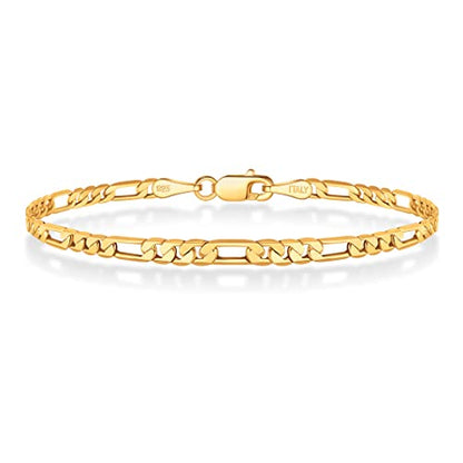 BRIJEWNES Figaro Chain Bracelet for Men & Women 3mm 18K Gold Plated Chain Bracelet 6.5-9 Inches, 925 Sterling Silver Clasp Durable, Unisex Jewelry Gift for Him or Her - style: Length:7.5 Inches