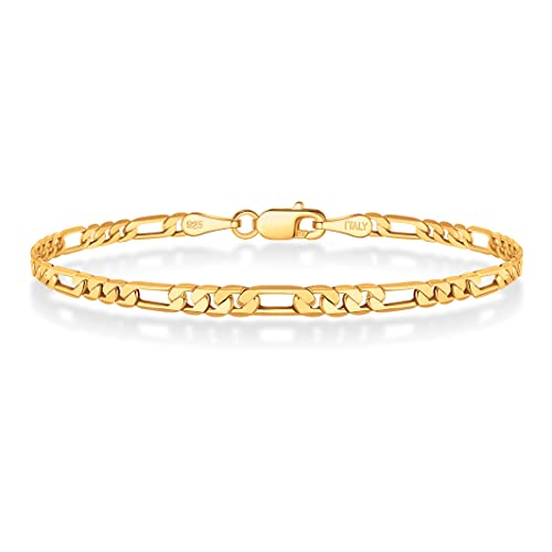 BRIJEWNES Figaro Chain Bracelet for Men & Women 3mm 18K Gold Plated Chain Bracelet 6.5-9 Inches, 925 Sterling Silver Clasp Durable, Unisex Jewelry Gift for Him or Her - style: Length:8 Inches