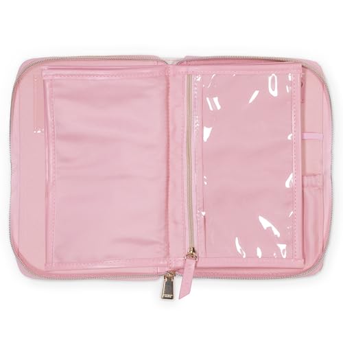 kate spade new york Travel Jewelry Folio, Goddess Stripe | 8.5" x 6" Organizer with Zippered Pockets, Tabs & Tracker Pocket, Pink Leatherette Case for Earrings, Necklaces, & Bracelets