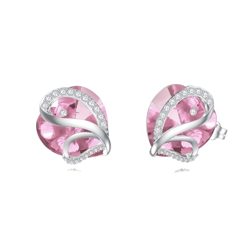Butterfly Heart Birthstone Crystal Stud Earrings for Women S925 Sterling Silver Heart Birthstone Studs Birthday Gifts for Wife Mother Daughter Girlfriend Mom - color: 10-October