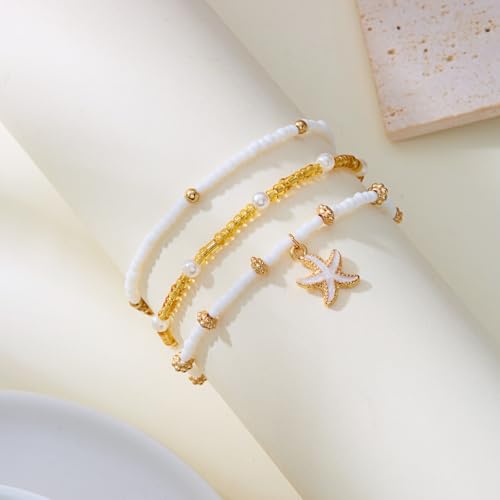 Qceasiy Starfish Ankle Bracelets for Women, Boho Beaded Beach Anklets Set | Gold-plated layered anklets in seashell, disc, and conch styles, with stretch or adjustable fits for summer beach outfits. - color: Gold 1