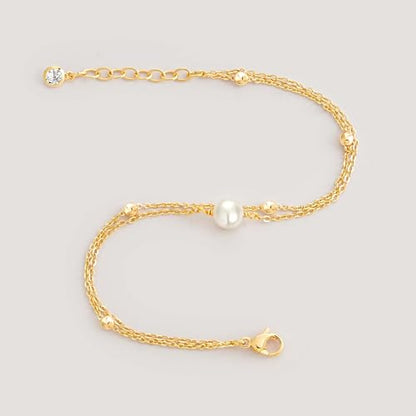 MEVECCO Dainty Chain Bracelets for Women, Layered and Charm Styles | 14K Gold Plated Brass, Select Cubic Zirconia Accents, Single and Multi-Row Structures for Refined Everyday Wristwear - style: 2 Layer 1 Pearl Bead Chain