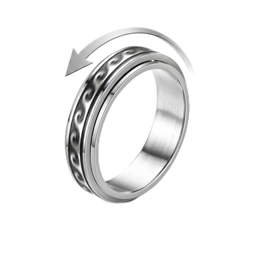 Wave Spinner Ring For Women, Summer Ocean Nautical Pattern Anti-Anxiety Fidget Two Tone Stainless Steel Jewelry Gift - color: Wave Spinner 8