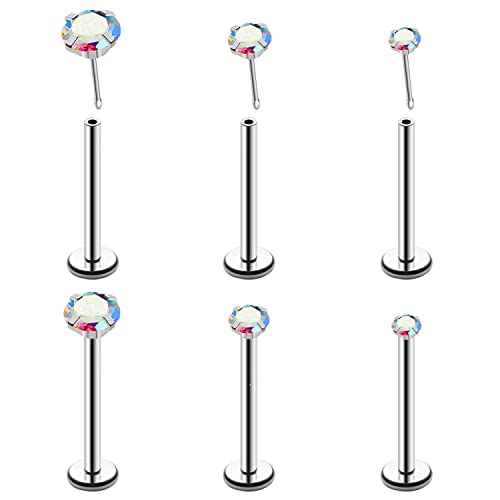 20G 18G 16G Push in Threadless Nose Stud Rings for Women Men Surgical Steel Tragus Earrings Flat Back Nose Studs CZ Cartilage Earrings 6mm 8mm Labret Studs Monroe Lip Piercing Jewelry - color: 2/ 3/ 4mm AB-White CZ/ 12mm Bar/ Silver/ 6Pcs, size: 16G