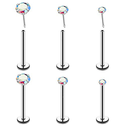 20G 18G 16G Push in Threadless Nose Stud Rings for Women Men Surgical Steel Tragus Earrings Flat Back Nose Studs CZ Cartilage Earrings 6mm 8mm Labret Studs Monroe Lip Piercing Jewelry - color: 2/ 3/ 4mm AB-White CZ/ 12mm Bar/ Silver/ 6Pcs, size: 16G