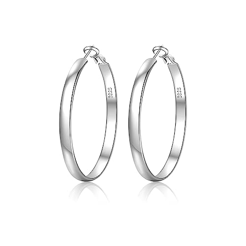 EXGOX 5mm Wide Gold Hoop Earrings for Women,Sterling Silver Hoop Earrings Large Silver Hoop Earrings Hypoallergenic Lightweight 14K Real Gold Plated Big Hoop Earrings for Women 30/40/50/60/70mm - color: Silver Color/30MM