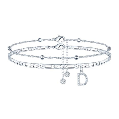 Ankle Bracelets for Women, 14K Gold Plated Dainty Layered Chain CZ Initial Anklets Summer Jewelry Gifts for Women - style: D-Silver