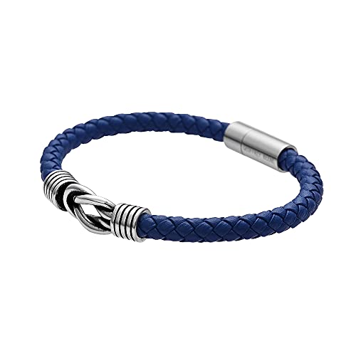 Geoffrey Beene Men's Braided Genuine Leather Knot Bracelet with Stainless Steel Closure - color: Blue