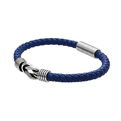 Geoffrey Beene Men's Braided Genuine Leather Knot Bracelet with Stainless Steel Closure - color: Blue