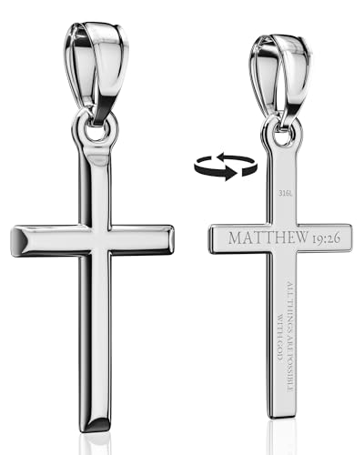 Cross Pendant Necklace with Bible Verse - Top-grade 316L Stainless Steel, Sleek Polished Design, Skin-friendly, Christian Jewelry for Men and Women - color: Elegant Silver, size: Medium, style: MATTHEW 19:26