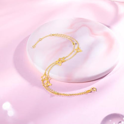 ZHOU LIU FU 18K Yellow Gold Charm Bracelet Hollow Heart Star Butterfly Charms Delicate Double Chain Bracelets Adjustable Cute Jewelry for Women Her Mom Daughter Birthday Anniversary 16+3cm/6.3-7.5" - style: Butterfly
