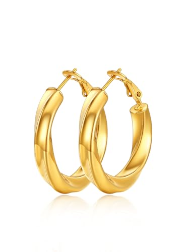 FindChic Twisted Hoop Earrings for Women, Silver/Black/14K Gold Plated Hypoallergenic Hollow Tube Rounded Loop Earrings, 30mm/40mm/60mm/80mm Hoops with Custom Name Options and Gift Box - color: c.Gold, size: 30MM
