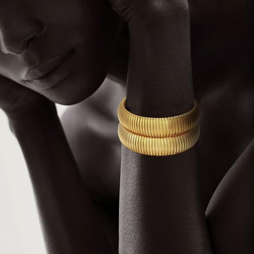 Gold Chunky Stretch Snake Chain Bangle Bracelets Stack for Women Trendy, 18K Gold Filled Stainless Steel Stretchy Womens Stackable Wristband Bangles Bracelet Set - style: 20MM 2PCS