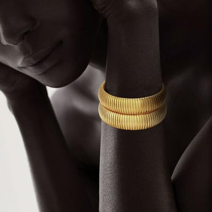 Gold Chunky Stretch Snake Chain Bangle Bracelets Stack for Women Trendy, 18K Gold Filled Stainless Steel Stretchy Womens Stackable Wristband Bangles Bracelet Set - style: 20MM 2PCS