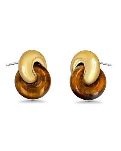 Small Twist Interlock Chunky 18K gold plated Gemstone Natural Stone (Brown, Green, Pink, White) Statement Earrings for Women by SNGIA, Dainty Love Knot Tiger Eye Amber Jade Tourmaline Bold Handmade Exaggerated Dome Retro Rounded Button Half Ball Trendy Bo