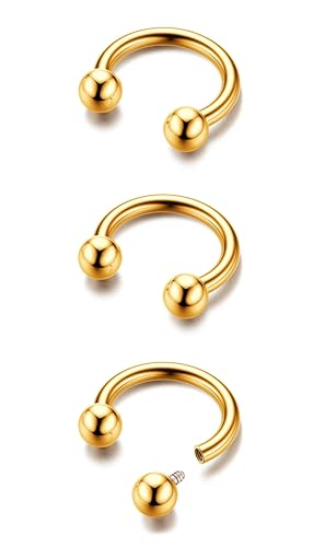 G23 Titanium 14/16/18/20G Septum Rings Horseshoe Nose Ring Jewelry | 2/3Pcs Circular Barbell Spike Lip Body Piercing Jewelry Conch Helix Tragus Earring Silver/Black 8/10/12mm 14K Gold Plated - color: Gold-3pcs, size: Balls-3pcs-20g-8mm