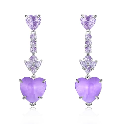 Crystal Heart Teardrop Dangle Earrings for Women Hypoallergenic Multicolor Cubic Zirconia Drop Earrings for Wedding Prom Party Daily Wear - color: Purple Heart