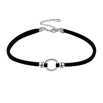 PAMTIER Womens Black Velvet Circle Round Chrams Pendant Ribbon Gothic Collar Choker Necklace with Beads - color: Silver 01