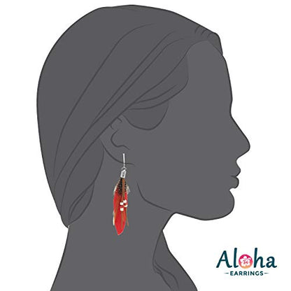 Aloha Earrings-Clip On Real Feather Earrings-Dangle Clip On Earrings Tassel Long Clip Earrings Bohemian - color: Red Feathers