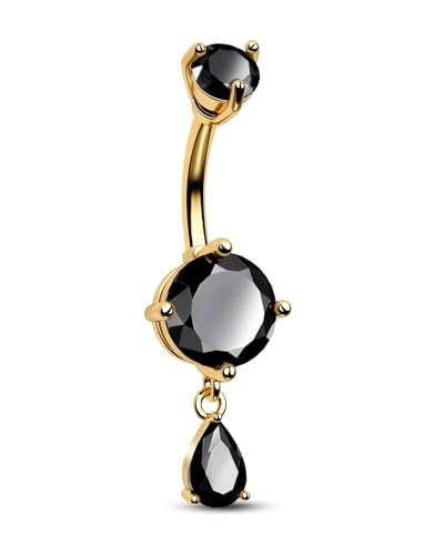 Belly Button Ring Dangle Belly Rings 316L Surgical Steel Belly Button Piercing Jewelry Teardrop Navel Ring for Women - color: Gold-Black CZ-10mm