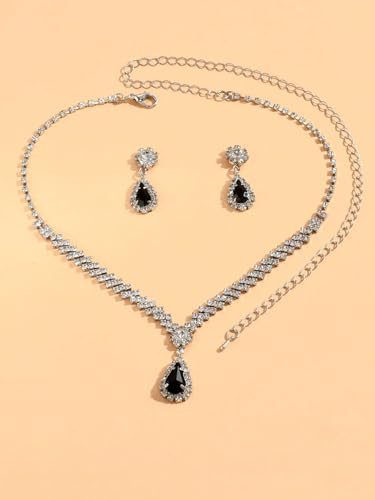 Wedding Jewelry Sets for Brides Rhinestone Necklace and Earring Set Bracelet Ring Gold Silver Prom Jewelry Sets Diamond Flower Teardrop Necklace for Women - color: Style4-Black