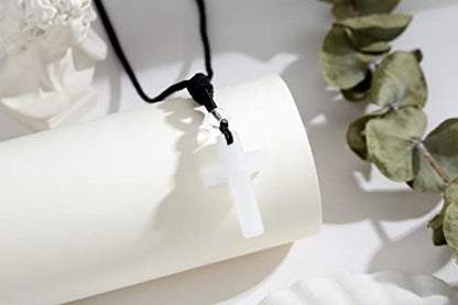 QINJIEJIE Cross Crystal Necklace Adjustable Black Rope Natural Gemstone Quartz Stone Necklaces for Men Women Father's Day Gift - color: White - Clear Crystal
