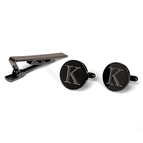 Mens Initial Cufflinks and Tie Clip A-Z Alphabet Letter Black Stainless Cuff Links Tie Bar with Engraved Walnut Wood Box Groom Groomsman Wedding Set - style: Classic-K