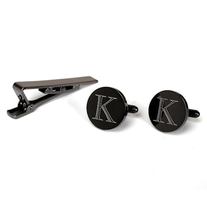 Mens Initial Cufflinks and Tie Clip A-Z Alphabet Letter Black Stainless Cuff Links Tie Bar with Engraved Walnut Wood Box Groom Groomsman Wedding Set - style: Classic-K