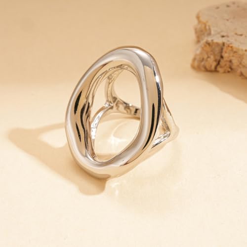 Chunky Irregular Hollow Oval Statement Ring For Women Adjustable Open Band Geometric Fashion Jewelry Gold Tone Or Silver Tone - color: Silver