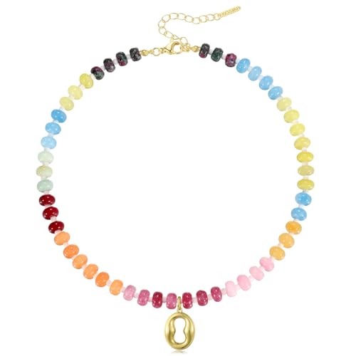 KissYan Initial Necklaces for Women, Colorful Beaded Gemstone Choker 14K Gold Bubble Letter Pendant Necklace Natural Stone Summer Beach Handmade Jewelry Gift - color: Red, style: Letter O