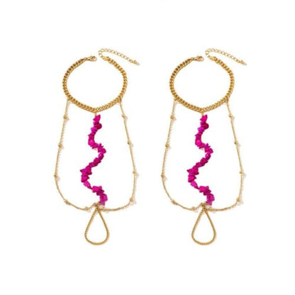 Pink Stone Barefoot Sandal Anklet for Women Round Ball Beaded Link Chain Anklet with Toe Ring Adjustable Summer Beach Fashion Foot Jewelry